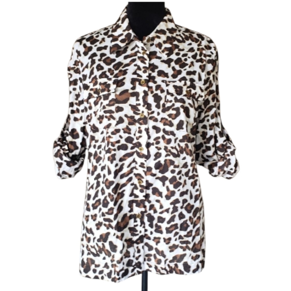 Jones New York Signature Large Leopard Print Roll-Tab Utility Blouse